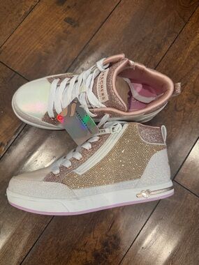 Skechers Kids Rose Rhinestone and Rose Gold Glitter High-Top Sneakers NWT